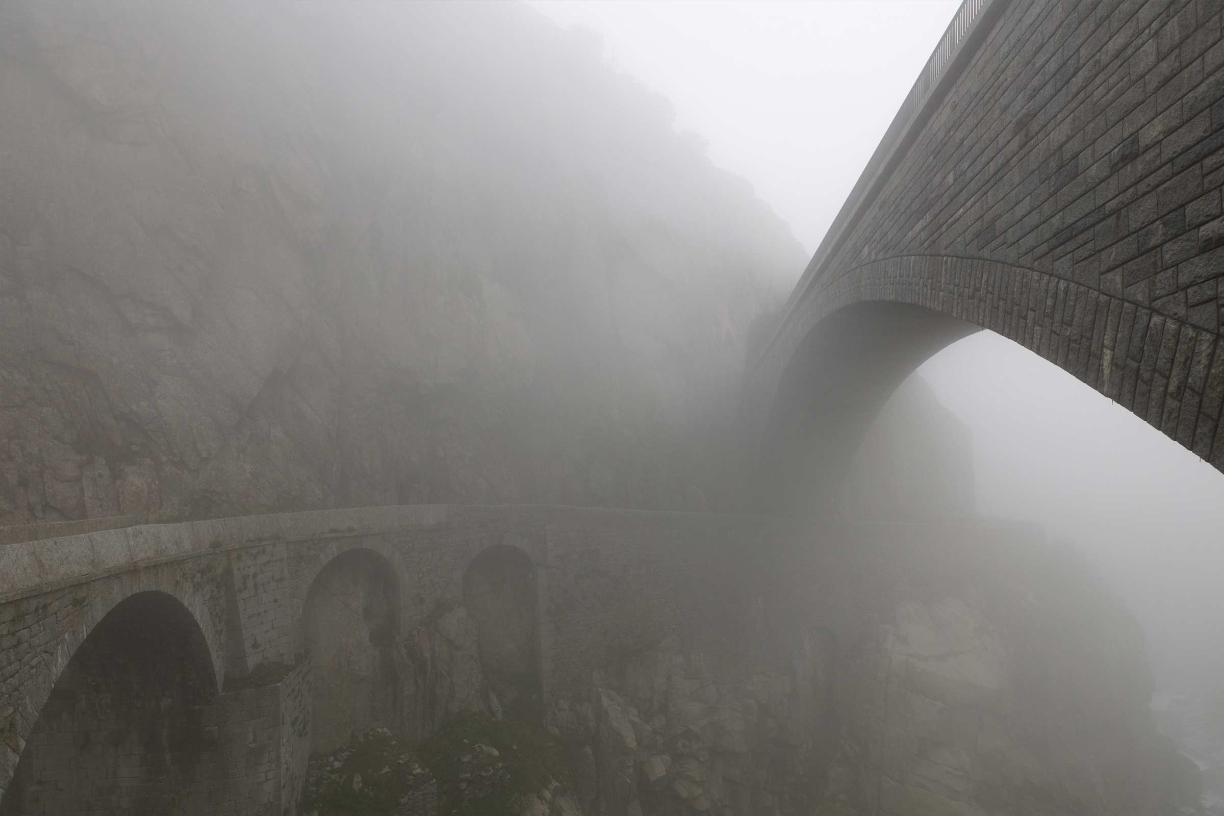 Bridges in the fog in the Schoellenen Valley, Switzerland.
