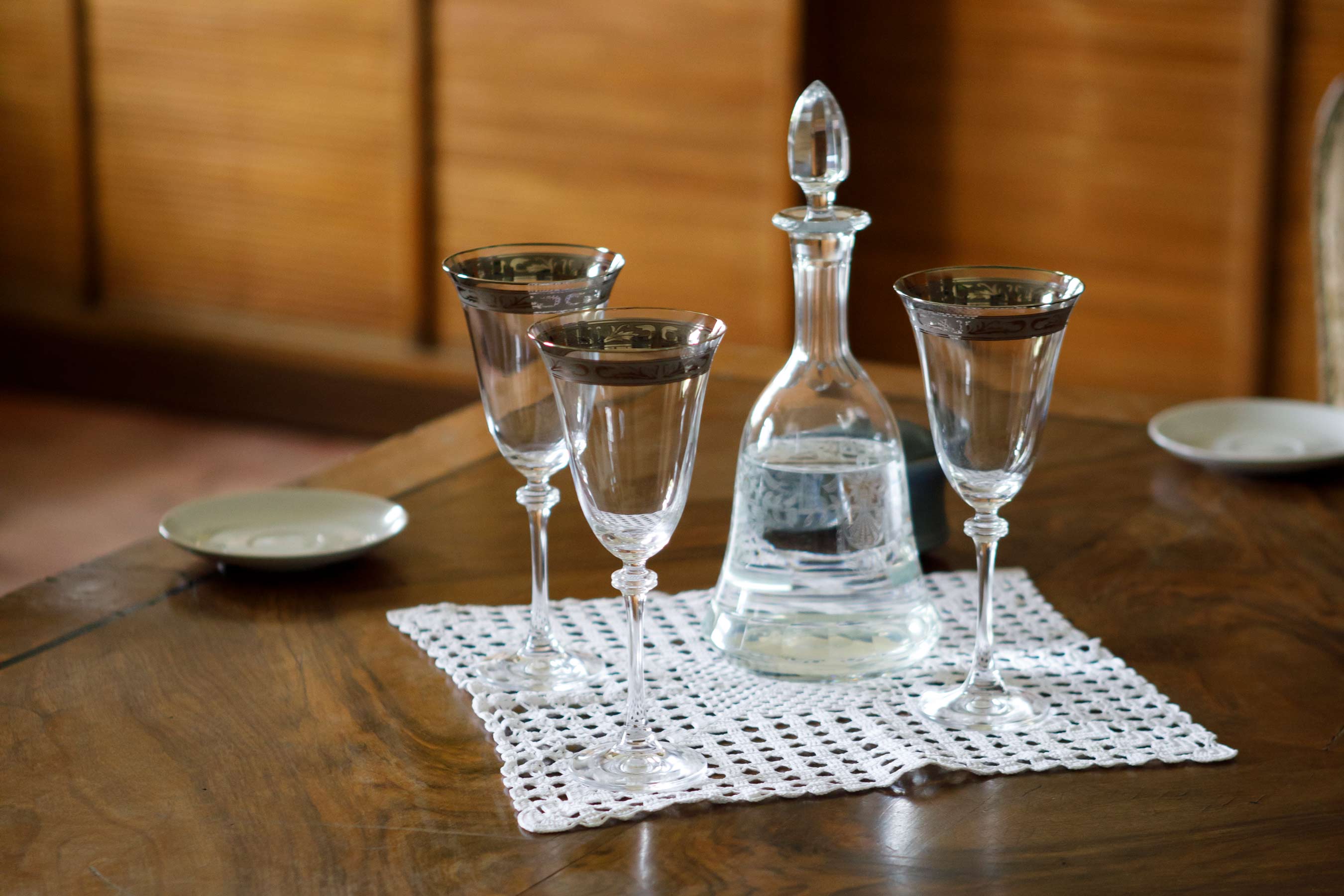 Three glasses of water on a table in Kraliky, Czech Republic.